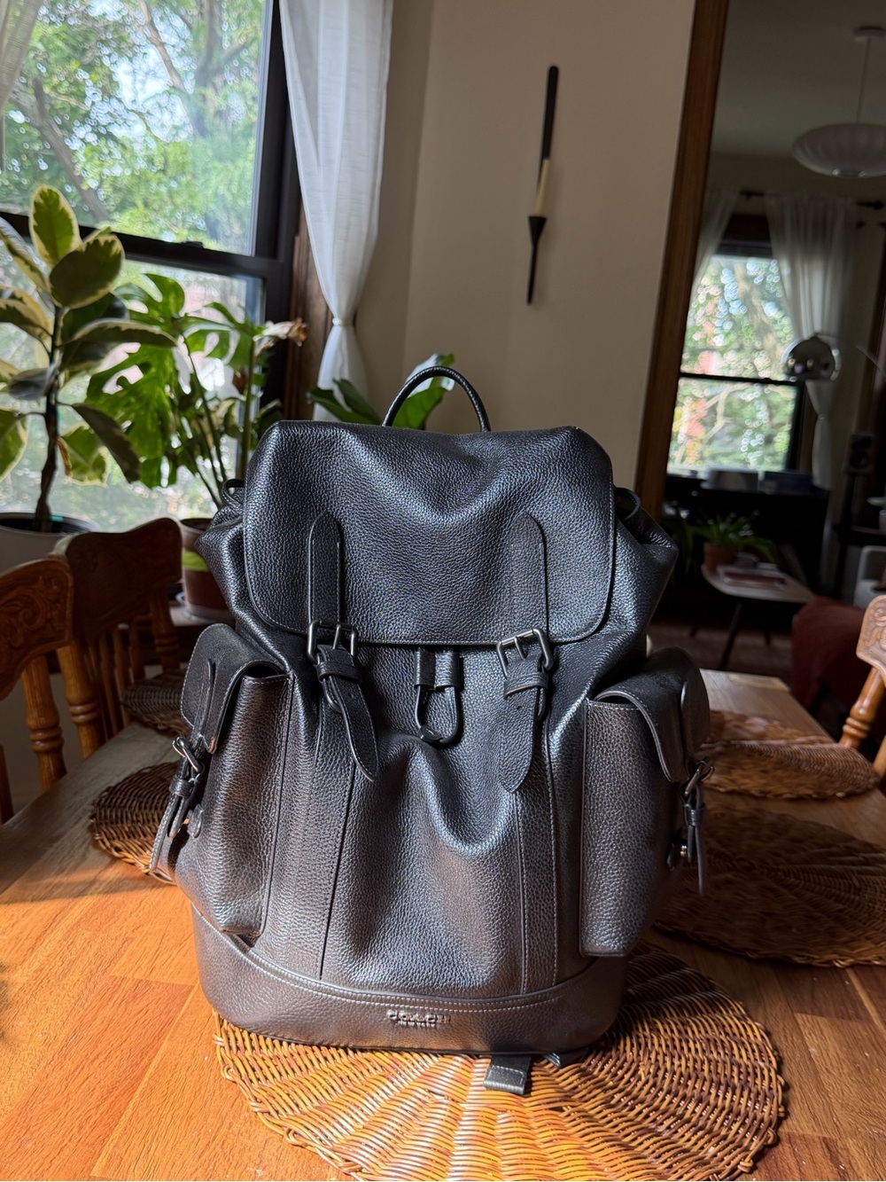 Coach Black Pebbled Leather Men's Backpack with Side Pockets